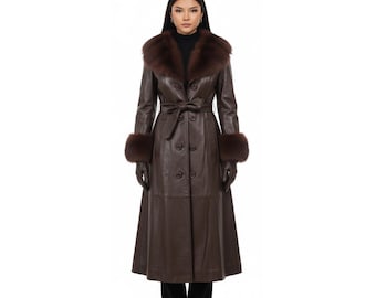 Luxury Womens Brown Real Leather Trench Coat with Genuine Fur Collar & Cuffs, Slim Fit Designer Winter Sheepskin Jacket, Gift for Her