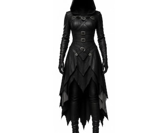 Robe à capuche d'assassin médiéval, robe de voyou en cuir véritable noir, armure gothique fantastique en cuir d'agneau, tenue de cosplay, cadeau pour elle