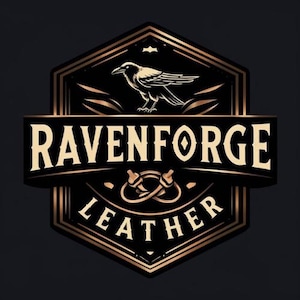 May include: Ravenforge Leather logo in black and gold. The design features a raven perched above the text "Ravenforge" and "Leather". The logo has a vintage, handcrafted aesthetic, with decorative elements and a shield-like shape.