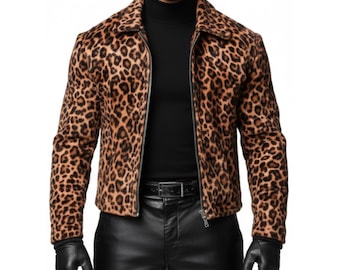 Chaqueta de cuero con estampado de leopardo de lujo para hombre, abrigo de piel de animal de corte entallado hecho a mano, ropa de calle de moda rockera, regalo para él.