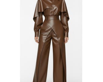 Conjunto de mono de cuero marrón puro — Pantalones anchos de lujo y camisa tipo capa — Ropa urbana de cintura alta vanguardista hecha a mano — Un regalo para ella