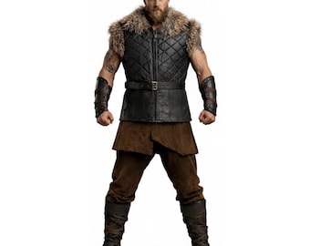 Viking Quilted Vest, Genuine Leather Sheepskin Fur Collar Armor, Medieval Barbarian Cosplay, Handmade Larp Warrior Waistcoat Gift for him