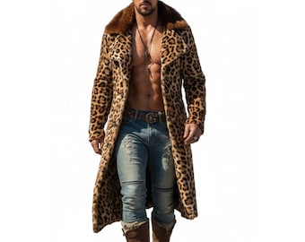 Abrigo largo de piel con estampado de leopardo de lujo para hombre, gabardina de invierno de piel pura de longitud completa, abrigo vaquero estilo rockstar, un regalo especial para él.