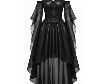 Vestido gótico de cuero negro hecho a mano con corsé - Vestido victoriano de corte alto y bajo con mangas transparentes - Traje de fiesta medieval estilo steampunk - Regalo para ella