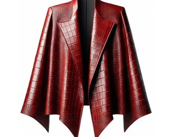 Capa de piel de cocodrilo roja de lujo, chaqueta asimétrica vanguardista, abrigo llamativo de piel de cocodrilo en relieve, chal de alta costura, regalo para ella