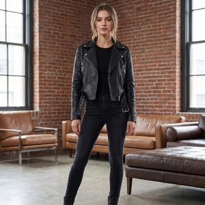 Handmade Black Snakeskin Leather Biker Jacket, Exotic Python Embossed Moto Coat, Slim Fit Cropped Punk Rock Jacket, Luxury Gift for Her