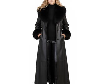 Trench long de luxe en cuir d'agneau véritable, pardessus d'hiver noir sur toute la longueur pour femme avec col en fourrure, cuir de créateur, cadeau pour elle