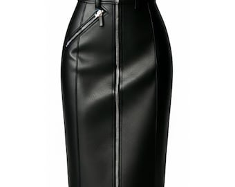 Falda tubo de cuero negro puro — Falda midi de cuero genuino de cintura alta con cremallera frontal — Estilo motero para oficina — Un regalo para ella