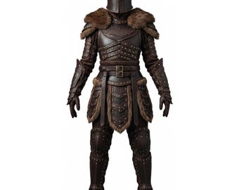 Armure complète en cuir de chevalier avec casque, costume de combat en cuir véritable garni de fourrure, cosplay de guerrier en cuir d'agneau fait main, cadeau pour lui