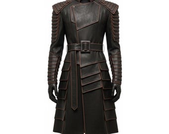 Futuristic Cyberpunk Leather Trench Coat, Genuine Leather Sci-Fi Combat Jacket, Handmade Lambskin Leather Padded Armor , Gift for Him