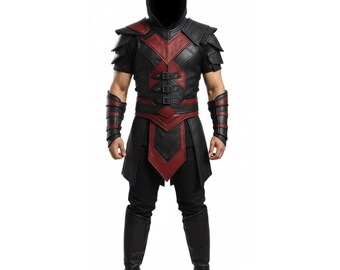 Assassin Creed Style Armor, Genuine Leather Sheepskin Tactical Suit, Black Red Cosplay Outfit, Handmade Medieval Larp Fantasy Gift for him