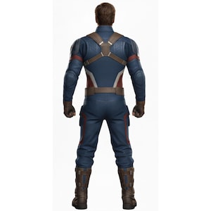 May include: A blue and brown Captain America costume, viewed from the back. The costume features a blue jumpsuit with red and white accents, brown straps, gloves, and boots. The character's hair is brown.