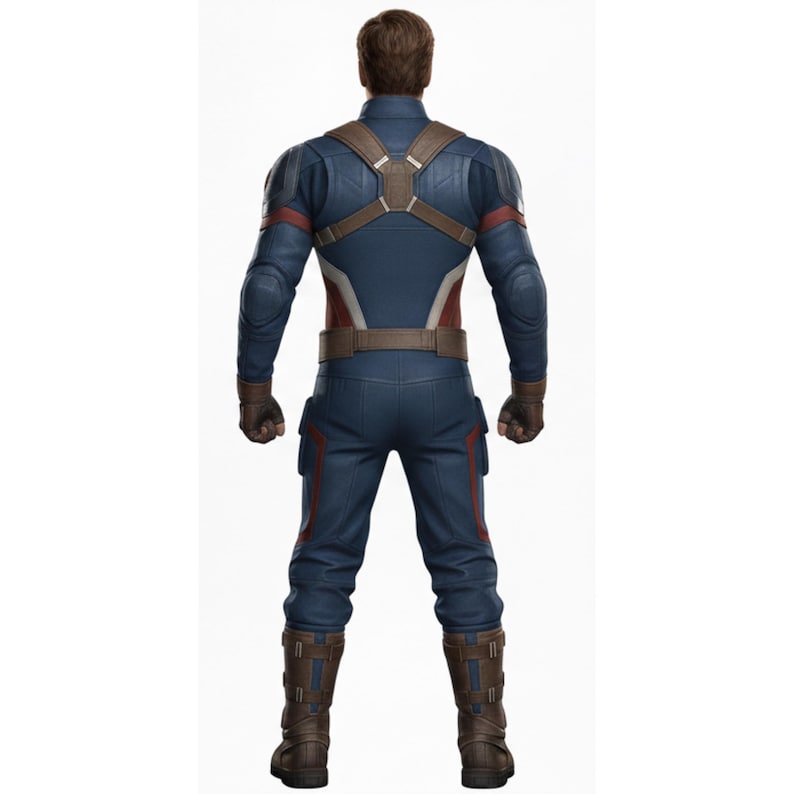 May include: A blue and brown Captain America costume, viewed from the back. The costume features a blue jumpsuit with red and white accents, brown straps, gloves, and boots. The character's hair is brown.