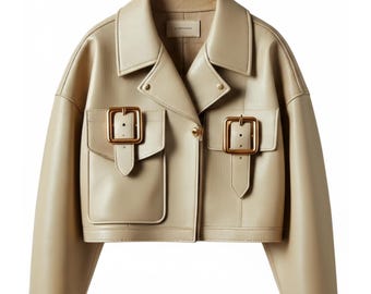 Chaqueta corta de cuero beige hecha a mano, bomber de lujo color crema con hebillas doradas, ropa de calle minimalista de diseñador, abrigo elegante de otoño, regalo para ella.