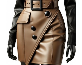 Falda de cuero marrón de cintura alta hecha a mano - Minifalda de cuero genuino con cinturón - Elegante falda cruzada ajustada para mujer - Regalo para ella