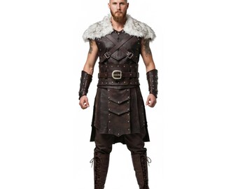 Armure de viking en cuir d'agneau véritable, gilet de guerrier médiéval avec fourrure, costume de cosplay GN fait main, cadeau pour lui