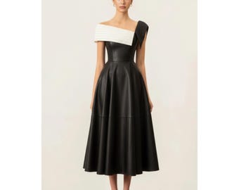 Robe de luxe en cuir d'agneau véritable, robe mi-longue noire à épaules dénudées, vêtement de cocktail trapèze en cuir de créateur bicolore, cadeau pour elle
