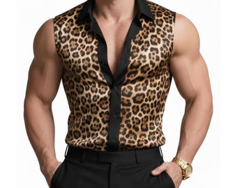 Chaleco de cuero con estampado de leopardo de lujo para hombre, hecho a mano, ajustado, con estampado animal, camiseta sin mangas estilo rockstar, regalo para él.