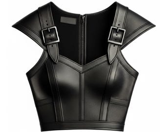 Top corto de cuero con hebilla hecho a mano, chaleco táctico de estilo urbano, corsé gótico cyberpunk, chaleco de motociclista futurista, regalo para ella.