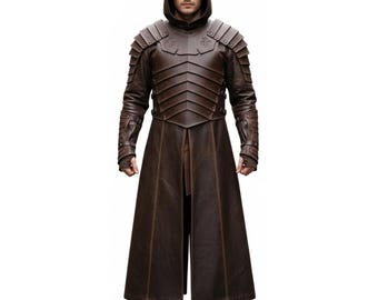 Manteau d'armure en cuir d'agneau véritable, trench médiéval à capuche, veste longue de guerrier gothique faite main, tenue de cosplay GN, cadeau pour lui