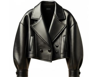 Chaqueta de cuero negra extragrande hecha a mano, abrigo motero corto de lujo con mangas farol, ropa de calle de diseñador con doble botonadura, un regalo elegante para ella.