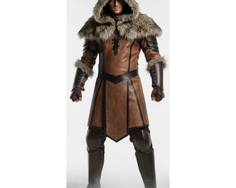 Armadura de guerrero medieval vikingo, túnica con capucha de piel de oveja auténtica, disfraz de cosplay renacentista, armadura de LARP hecha a mano, regalo para él