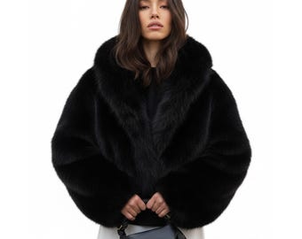 Chaqueta de piel de oveja auténtica negra de lujo, abrigo de invierno hecho a mano para mujer, elegante abrigo de noche de felpa, regalo premium para ella.