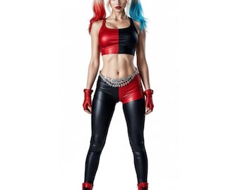 Conjunto de cosplay de cuero rojo y negro inspirado en Harley Quinn - Disfraz de superhéroe hecho a mano - Top corto y leggings de cuero genuino - Regalo para ella