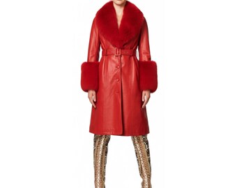 Trench-coat rouge en cuir véritable pour femme de luxe avec col en fourrure véritable, veste d'hiver en peau de mouton coupe ajustée de marque, cadeau haut de gamme pour elle