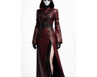 Abrigo largo de cuero granate con capucha, gabardina gótica con hebillas, túnica de hechicera oscura, disfraz de pícaro medieval, chaqueta steampunk, regalo para ella