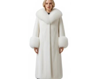 Long manteau de luxe en fourrure véritable pour femme avec capuche, veste d'hiver en fourrure blanche faite main, élégant pardessus de mariée pleine longueur, cadeau pour elle