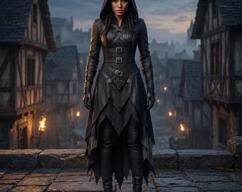 Medieval Assassin Hooded Dress, Black Genuine Leather Rogue Gown, Lambskin Leather Gothic Fantasy Armor, Cosplay Outfit, Gift for Her