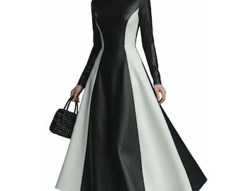 Robe en cuir d'agneau véritable, robe longue trapèze noire et blanche bicolore, tenues de soirée de luxe en cuir à manches longues faites main, cadeau pour elle