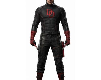 Daredevil Cosplay Leather Suit, Superhero Costume with DD Logo, Handmade Black Tactical Movie Armor, Matt Murdock Outfit, Gift for Him
