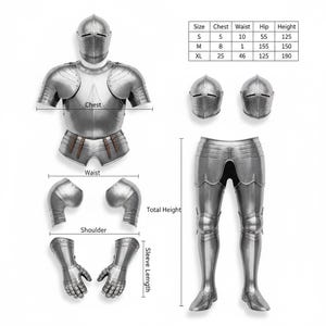 May include: A detailed diagram of a silver-colored suit of armor, including a helmet, chest piece, waist protection, shoulder guards, gauntlets, and leg armor. Measurements are provided for chest, waist, hip, and height in inches.