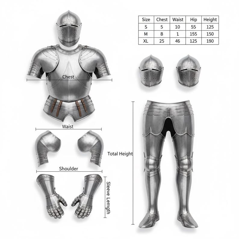 May include: A detailed diagram of a silver-colored suit of armor, including a helmet, chest piece, waist protection, shoulder guards, gauntlets, and leg armor. Measurements are provided for chest, waist, hip, and height in inches.
