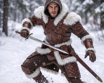 Viking Medieval Leather Armor Jacket, Brown Genuine Leather Warrior Coat with Fur, Lambskin Leather Cosplay Costume, Gift for Him