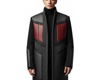 Manteau en cuir d'agneau véritable avec empiècements en laine, veste longue cyberpunk futuriste pour homme, pardessus d'hiver de créateur de luxe, cadeau pour lui