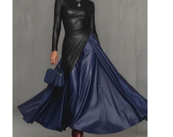 Robe de luxe en cuir d'agneau véritable, élégante robe longue bleue et noire, vêtement en cuir de créateur asymétrique à manches longues, cadeau pour elle