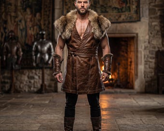 Viking Warrior Leather Tunic, Fur Collar Genuine Leather Barbarian Vest, Handmade Lambskin Leather Medieval Larp Cosplay Garb, Gift for Him