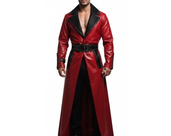 Trench long en cuir véritable rouge pour homme, plumeau de cosplay gothique Van Helsing, pardessus pleine longueur de style Matrix fait main, cadeau pour lui