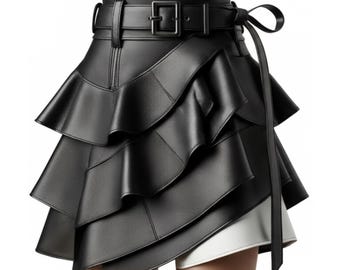Falda de cuero negro con volantes escalonados hecha a mano - Minifalda de cuero genuino de cintura alta - Prenda de fiesta de lujo estilo gótico punk con capas - Regalo para ella