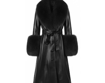 Luxury Womens Black Real Leather Trench Coat with Genuine Fur Collar & Cuffs, Slim Fit Designer Winter Sheepskin Jacket, Gift for Her