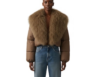 Luxury Womens Brown Puffer Jacket with Real Fur Collar, Cropped Genuine Leather Down Coat, Premium Winter Quilted Outerwear, Gift for Her