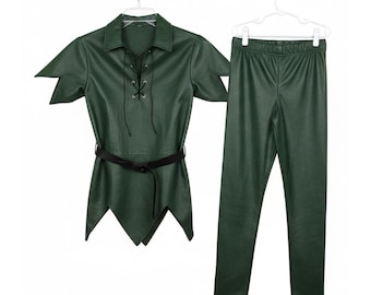 Disfraz de cuero verde inspirado en Peter Pan - Cosplay de aventura en el bosque hecho a mano - Conjunto de túnica y leggings de cuero genuino para hombre - Regalo para él