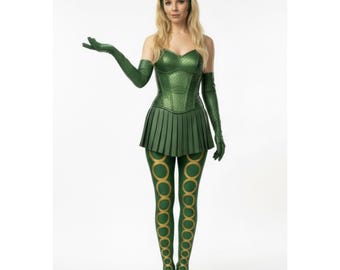 Disfraz de superhéroe de cuero verde hecho a mano - Traje de villano premium para Halloween - Corsé verde personalizado y falda plisada - Regalo para ella