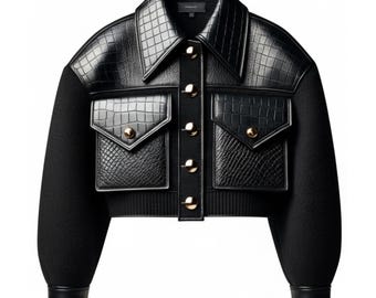 Chaqueta de piel de cocodrilo hecha a mano, bomber de lujo de lana negra con técnica mixta, abrigo corto estilo western con canesú, parka con botones dorados, regalo para ella.