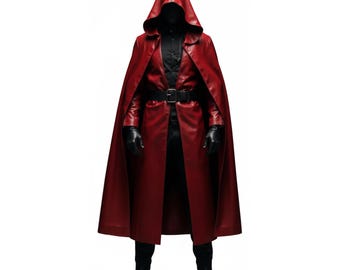 Handmade Red Leather Hooded Cape, Full Length Medieval Fantasy Cloak, Gothic Assassin Cosplay Robe, Luxury LARP Costume Gift for Him