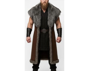 Long manteau en cuir viking pour homme, gilet de guerrier nordique en cuir véritable marron avec fourrure, costume de jarl médiéval en cuir d'agneau, cadeau pour lui