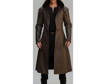 Trench en cuir d'agneau véritable, plumeau de ranger médiéval à capuche, veste longue de guerrier gothique faite main, costume de foire de la Renaissance, cadeau pour lui